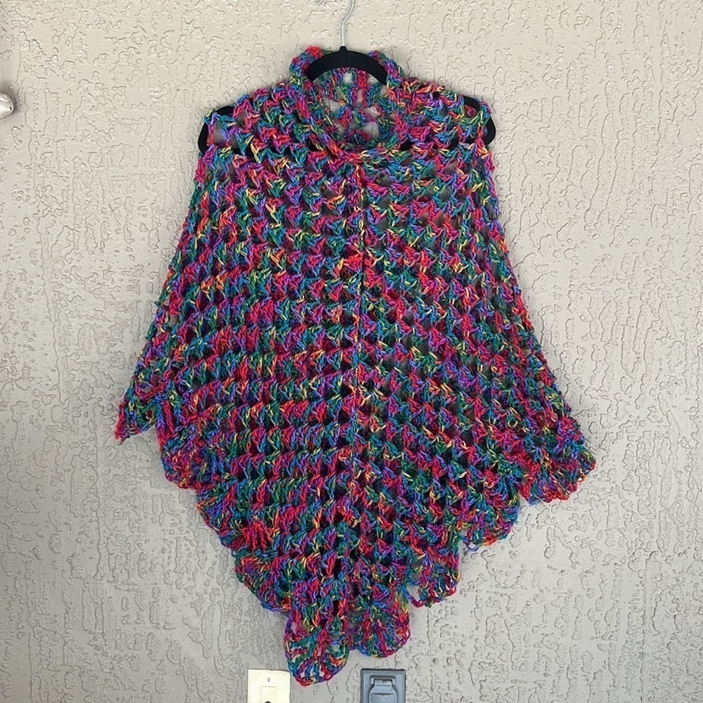 Handmade Multicolor Open Knit Crochet Poncho One Size - Picture 7 of 10